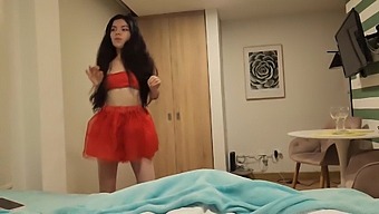 Stunning Woman In Red Skirt Desires Christmas Wish Of Passionate Sex